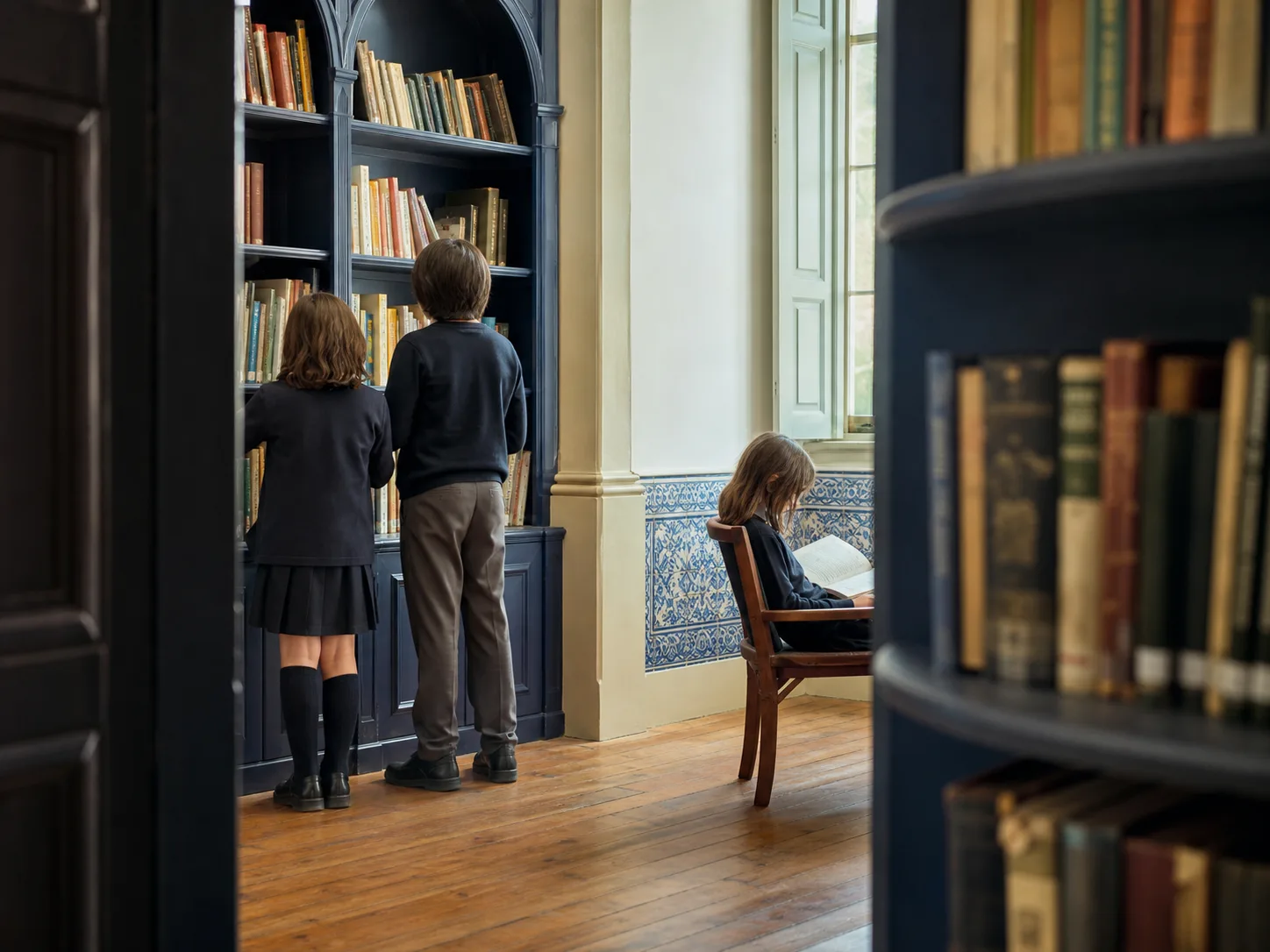 Imagem simulada de crianças numa biblioteca escolar.